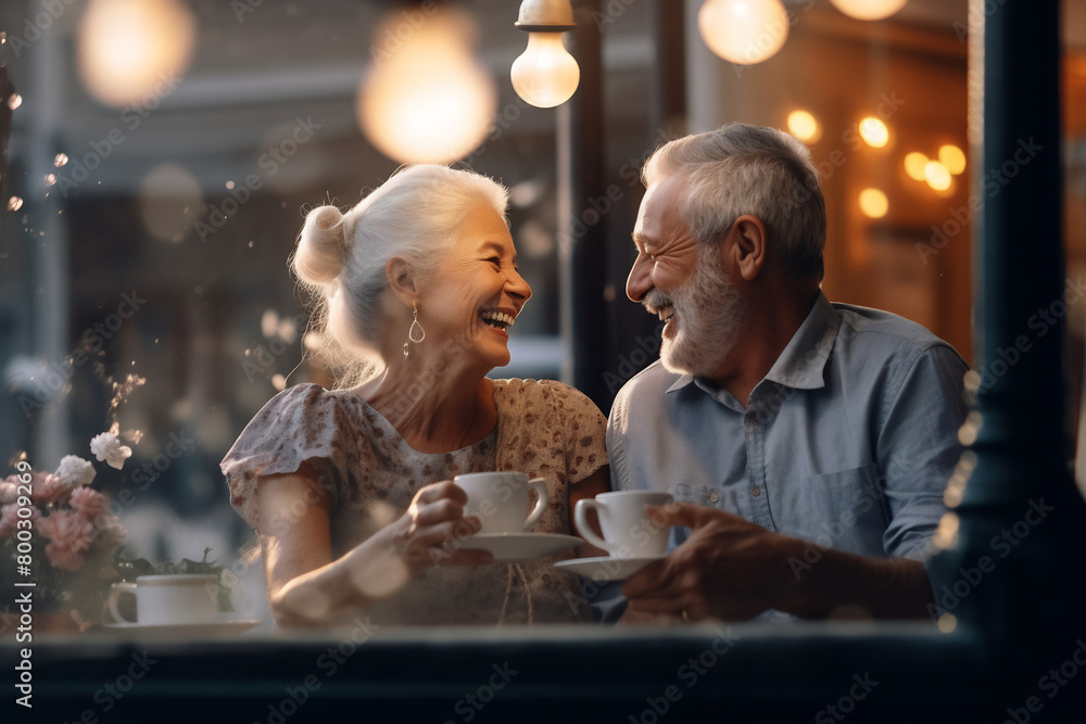 Cheerful old couple sitting at a cafe. Senior man and woman sitting at a restaurant table and smiling Cheerful old couple sitting at a cafe. Senior man and woman sitting at a restaurant table and smiling