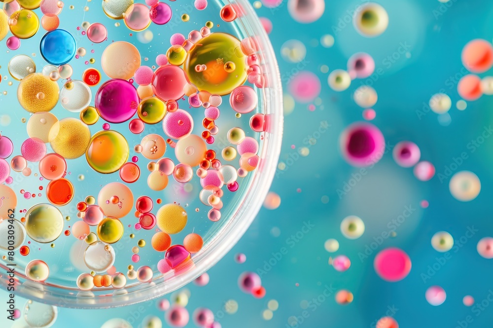 closeup view of colorful oil and water mixture bubbles against a bright blue background closeup view of colorful oil and water mixture bubbles against a bright blue background