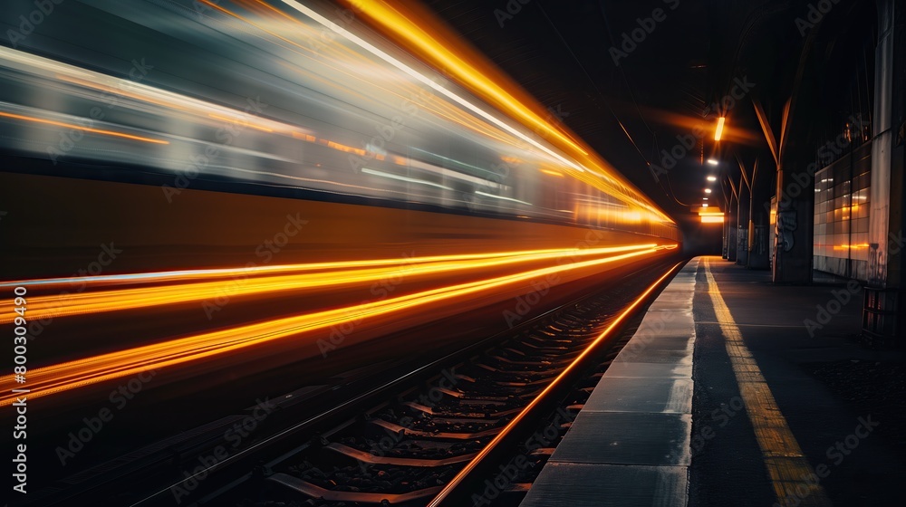 long exposure shot of a train passing through a station creating streaks of light along the tracks