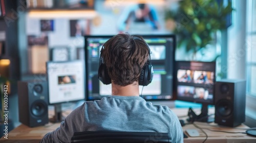 back view of a young man wearing headphones in front of computer