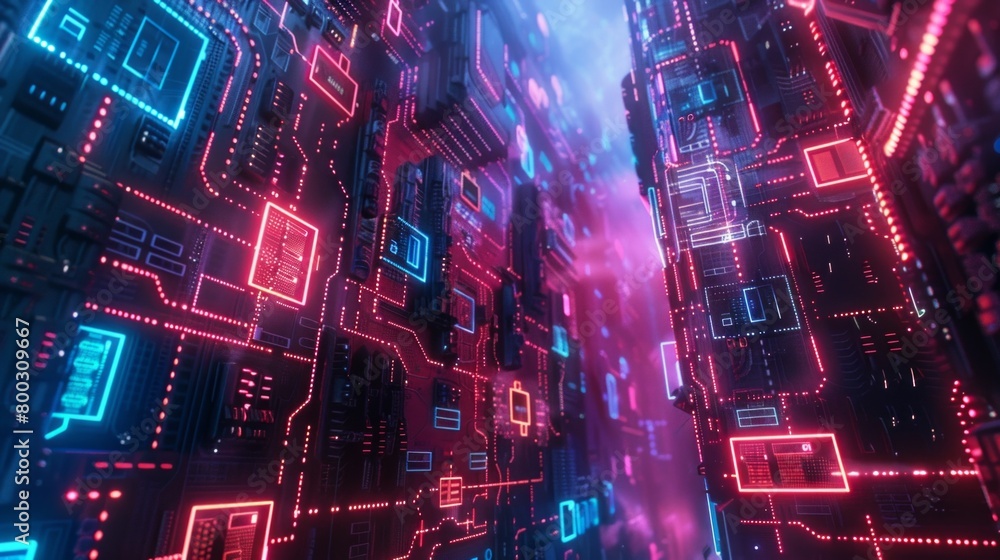 Fototapeta premium Cybersecurity Digital Fortress with Glowing Circuit Walls