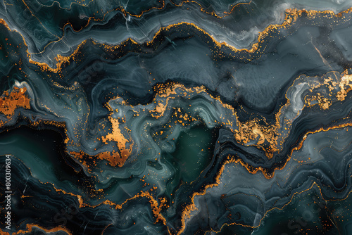 A dark green and gold marble pattern with glowing veins. Created with Ai