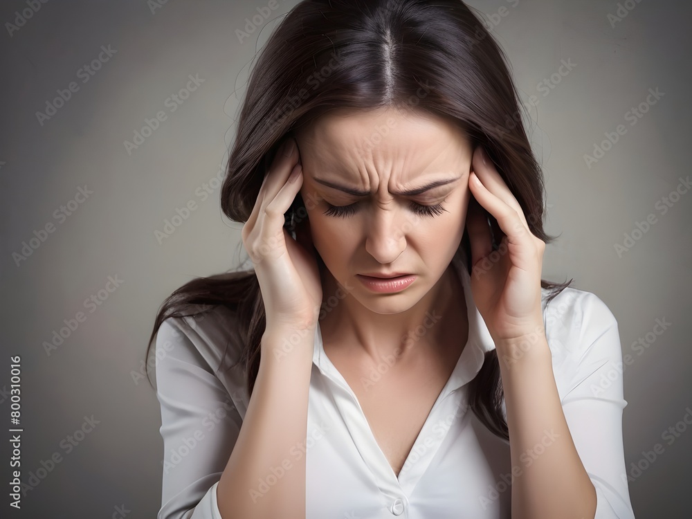 A woman sitting on a couch,headache and stress,generative AI A woman sitting on a couch,headache and stress,generative AI