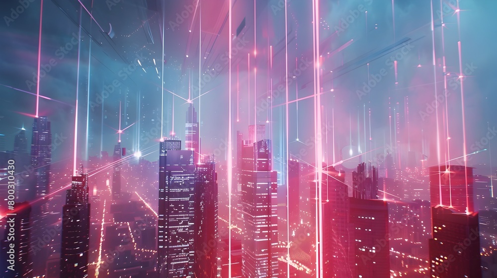 Futuristic Cityscape with Pulsating 5G Towers Emitting Radiant Light Beams Symbolizing High-Speed