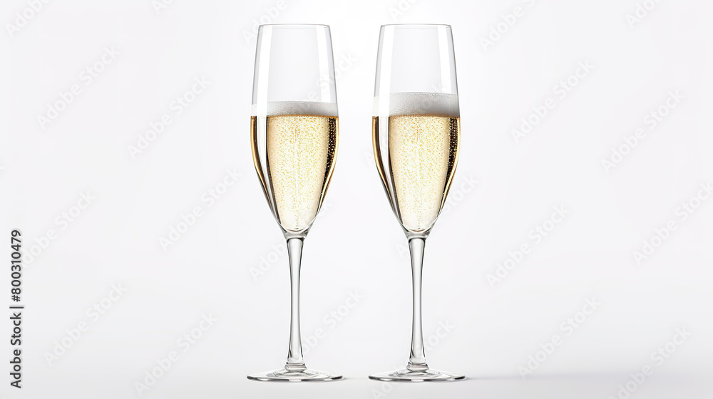 On an entirely white background, two champagne glasses are isolated.