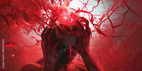 Brain Aneurysm: The Sudden, Severe Headache and Nausea - Visualize a person clutching their head with a look of agony, with a balloon-like bulge in a brain artery, indicating the sudden