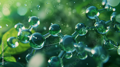 Green Hydrogen H2 gas molecule. Production of green hydrogen energy powered by renewable electricity, sustainable alternative clean hydrogen H2 eco energy, the fuel of th future industry 3D background