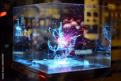A holographic product demonstration with detailed technical specifications.