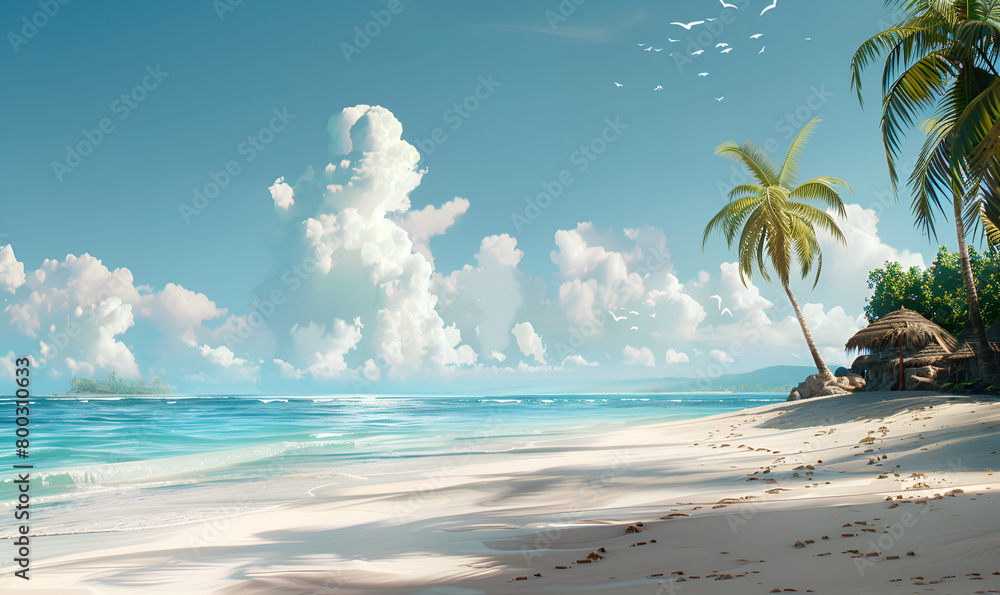 A tranquil beach scene with palm trees and a crystal-clear ocean, offering a relaxed and inspiring backdrop, Business, Background