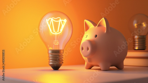 Cofre de porquinho ao lado de uma lampada - Conceito de ideia de economia photo