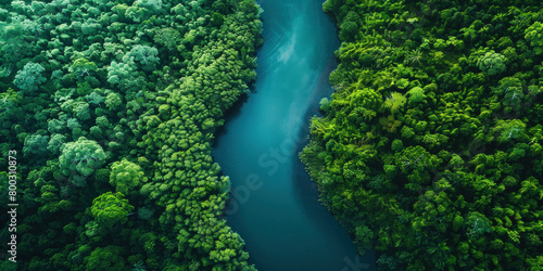 Aerial View of Lush Green Forest and Winding River in Thailand, Capturing the Beauty of Asia's Natural Landscape