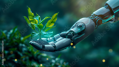Green Technology and Business concept, Technology and Futuristic Ethic Business Concept, Robot holding a plant, Anti-global warming economy. The robot demonstrates the company's environmental policy. photo