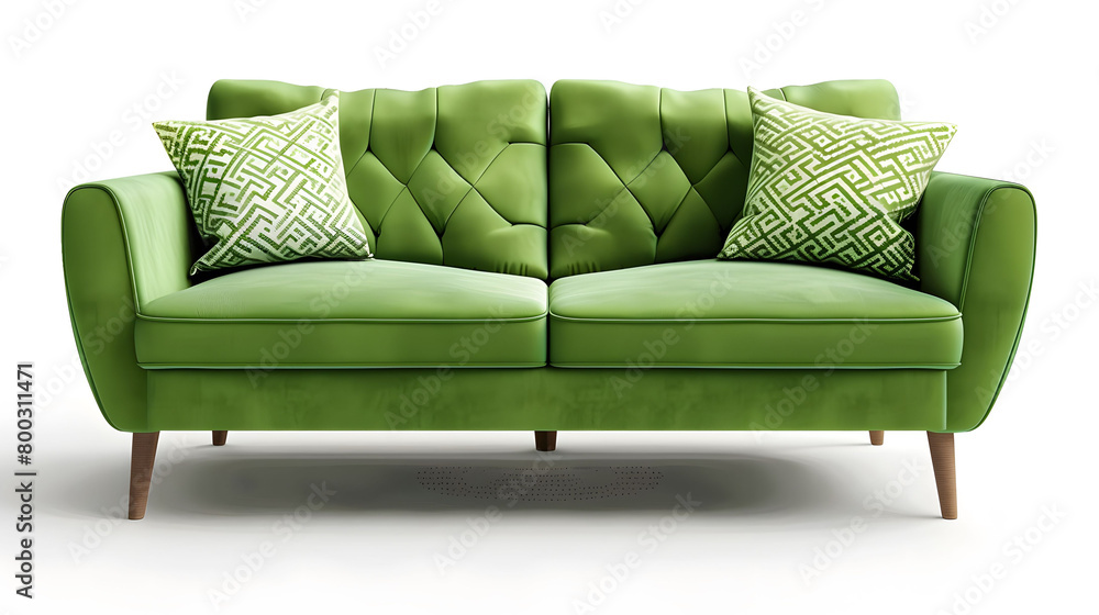 Fototapeta premium Green love seat sofa with two pillows on white background