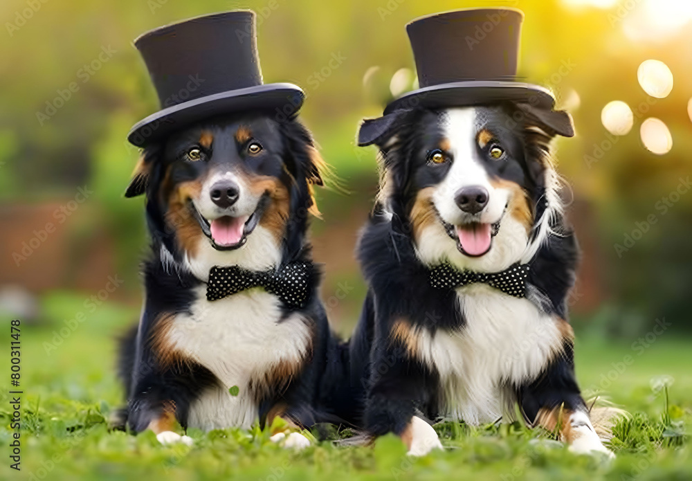 Two happy mainly black American Shepherd dogs wearing top hats and bow ties sitting on the grass