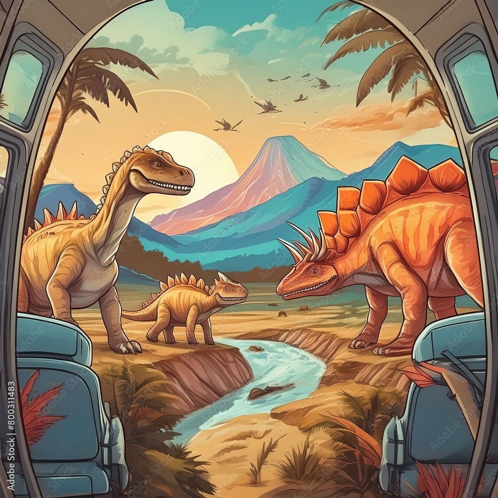 Obraz premium 차 안에서 보는 공룡세상