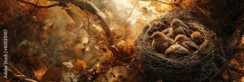Serene image capturing fledgling birds huddled in their nest among autumn leaves waiting for care photo