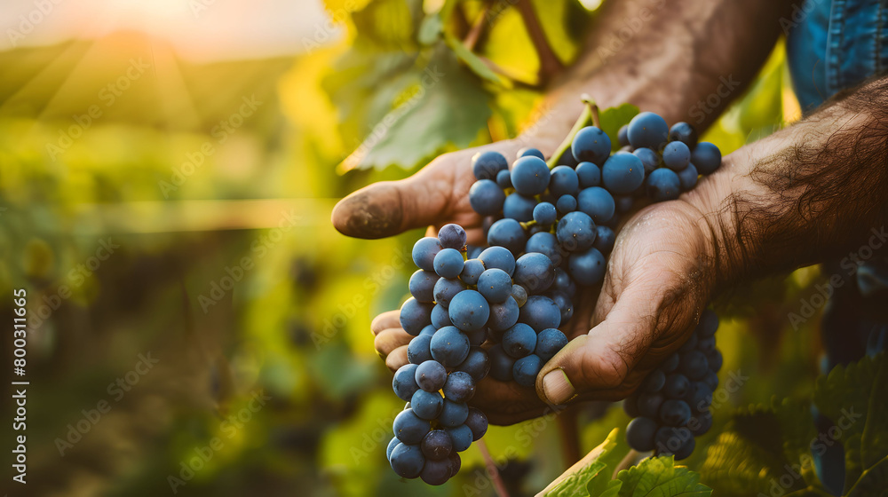 Close up of hands holding grapes in a vineyard at sunset depicting the wine making concept
