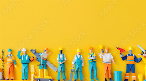 Colorful paper construction workers holding tools standing in a row in a flat lay banner design for International Day of Peace and Workers Day concept