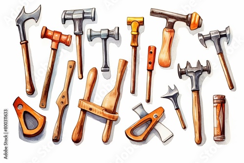 A variety of old vintage hand tools including hammers, axes, chisels, and more.