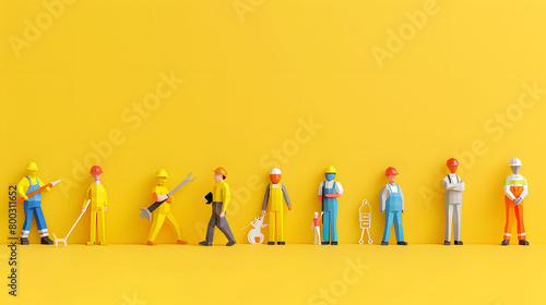Colorful paper construction workers holding tools standing in a row in a flat lay banner design for International Day of Peace and Workers Day concept