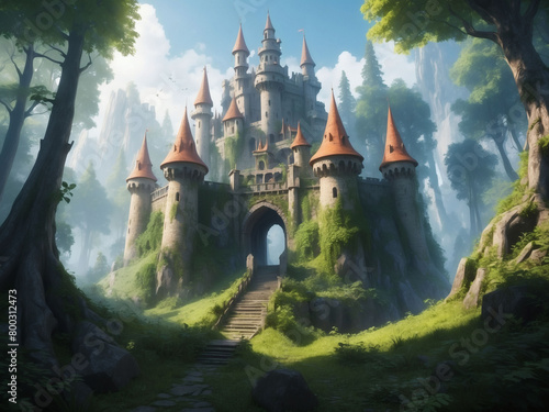 Mythical forest citadel, A majestic castle shrouded by the enchanting trees.