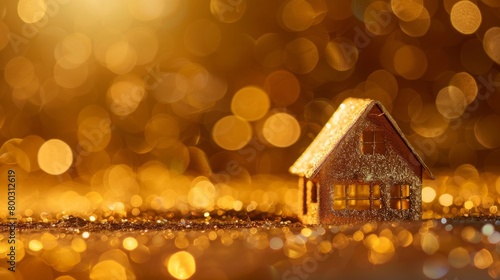 Golden miniature house property, golden background, concept: House purchase, concrete gold, copy and text space, 16:9