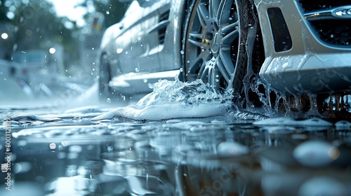 Car Driving Through Puddle of Water.