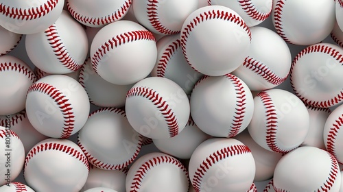 Baseballs in a seamless design, classic red stitch on white, suited for a baseball magazine cover, eyelevel view photo