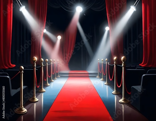 A red carpet leading to a stage with spotlights illuminating the path, surrounded by black curtains and lighting fixtures