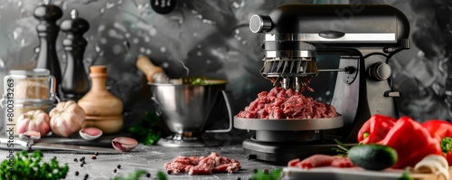 Modern meat grinder in kitchen environment with fresh ingredients. Food processing and culinary concept photo