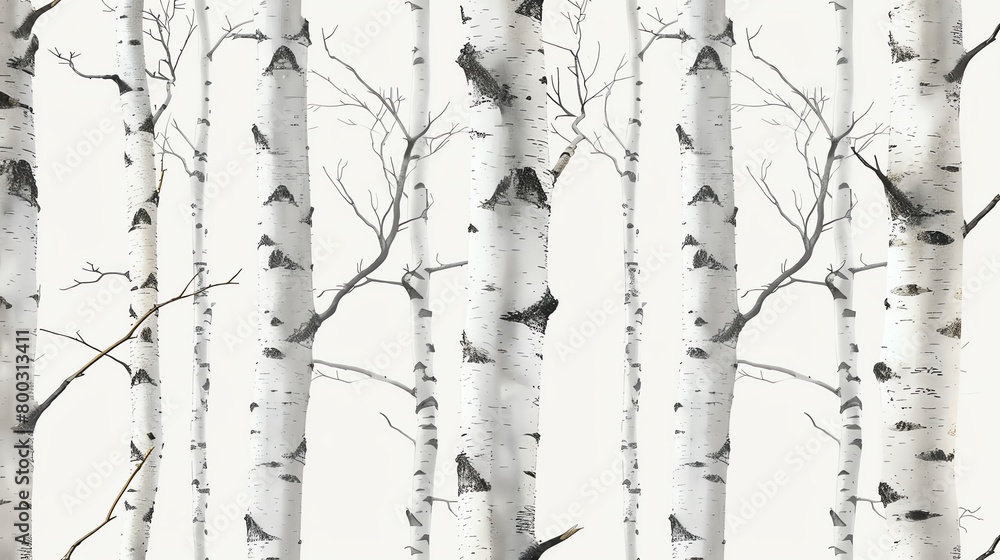 Birch trees in a seamless pattern, light gray background, elegant for a Scandinavian design magazine cover, eyelevel shot Birch trees in a seamless pattern, light gray background, elegant for a Scandinavian design magazine cover, eyelevel shot