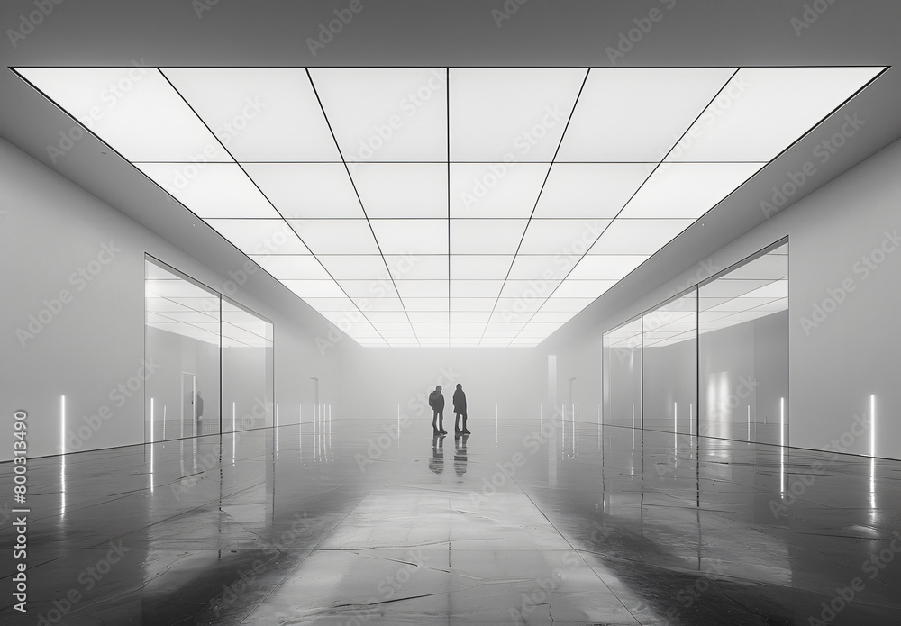 A white gallery space with two people standing in the middle, a large blank wall on one side and three rectangular lights above it A white gallery space with two people standing in the middle, a large blank wall on one side and three rectangular lights above it