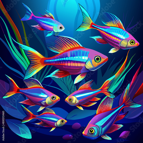 Group of neon tetra fish, glinting under studio lighting, acrylic painting, vibrant color, against a dark aquatic background, mid-angle shot