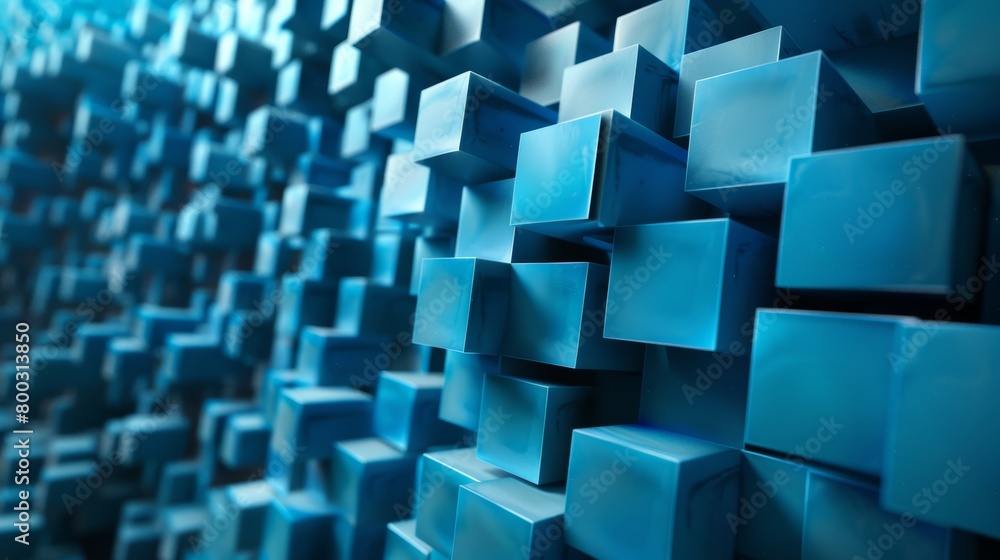 3D geometric cube wall in varying shades of blue.