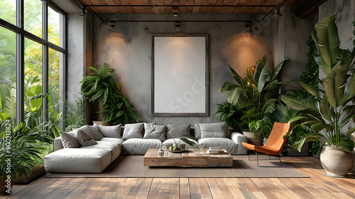 minimalist style Livingroom apartement space afternoon with white walls ,green plants,flower  red with Interior Mockup with one white photo frame in the background photo
