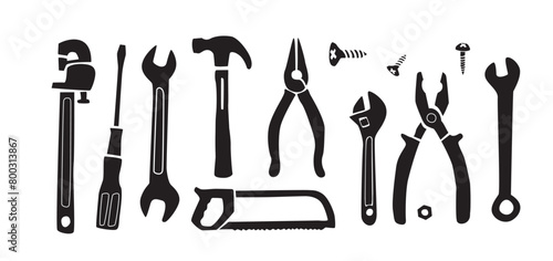 A haushold Tools set in doodle style. Hand drawn illustration of different type of equipment for repair like a Hammer, Screwdriver, Axe, saw and Drill.