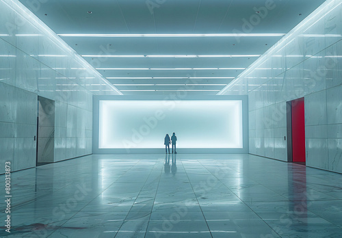 A white gallery space with two people standing in the middle, a large blank wall on one side and three rectangular lights above it