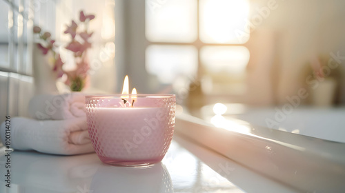 Pink candle in an elegant glass jar on the bathroom counter with soft lighting and pastel colors creating a cozy atmosphere for relaxation