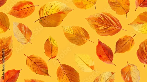 Deciduous tree leaves in autumn colors  seamless pattern  golden yellow background  perfect for a fall lifestyle magazine cover  from above