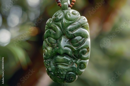 jade  Close up of carved maori nephrite jade   greenstone pendant photo