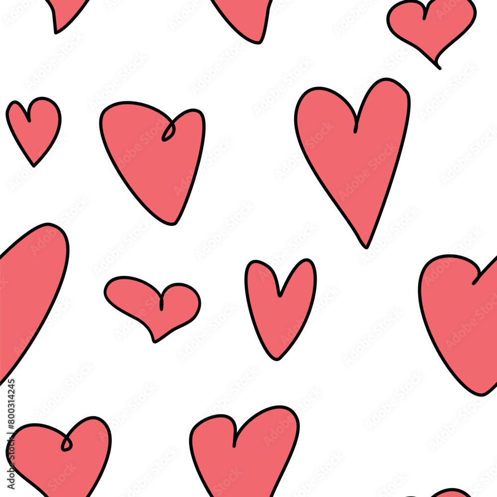Seamless abstract pattern of different red contour hearts. Hand drawn doodle background, texture for textile, wrapping paper, Valentines day, romantic design Seamless abstract pattern of different red contour hearts. Hand drawn doodle background, texture for textile, wrapping paper, Valentines day, romantic design