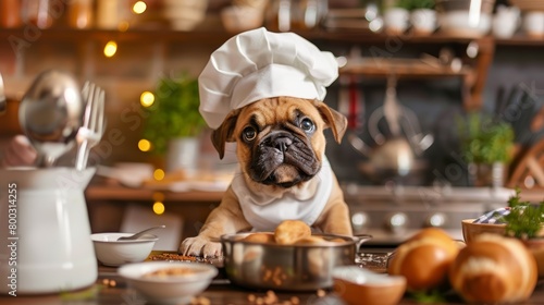 Pug in chef's outfit looking at camera with cooking pot and ingredients. Cooking at home and pets concept © ANStudio