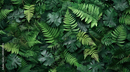 Ferns and forest foliage  seamless pattern  deep forest green background  suited for a wilderness magazine cover  topdown perspective