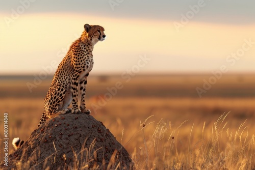 A lone cheetah surveying the savannah from atop a termite mound at dusk, embodying the solitude of the predator, Female cheetah and her four tiny cubs sitting on a large termite mound  photo