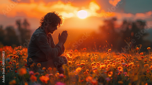 side view of man meditating and prating in a field of flowers on a beautiful sunset, faith in god and jesus christ photo