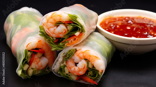 Close-up of Vietnamese rolls with shrimp and veggies isolated on a white background