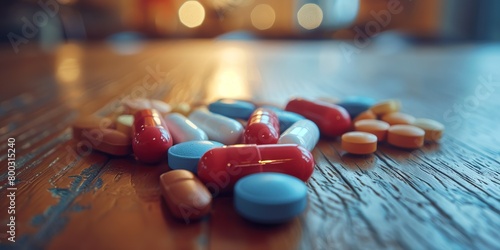 Pharmacy background on a wood table.Pills. Medicine and healthy. Close up of capsules photo