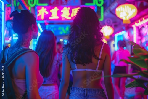 AI generated illustration of young women stroll through a vibrant neon-lit night market