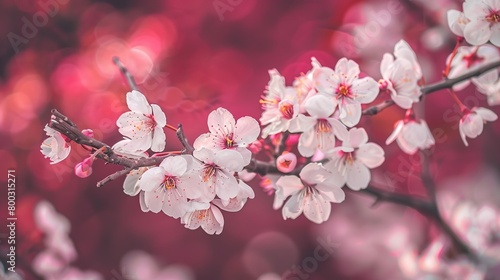A branch of white cherry blossoms with a blurred pink background

 photo