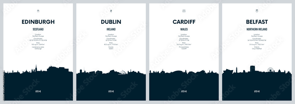 Obraz premium Travel vector set with city skylines Edinburgh, Dublin, Cardiff, Belfast, detailed city skylines minimalistic graphic artwork